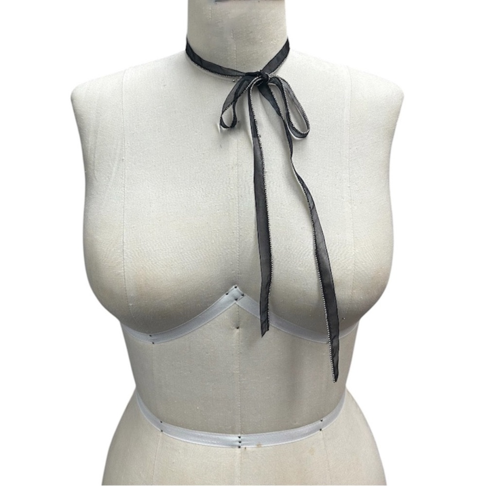 Black Beaded Ribbon Scarf Necklace